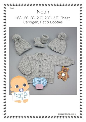 Noah baby cardigan, hat and booties knitting pattern 3 sizes 0-12mths