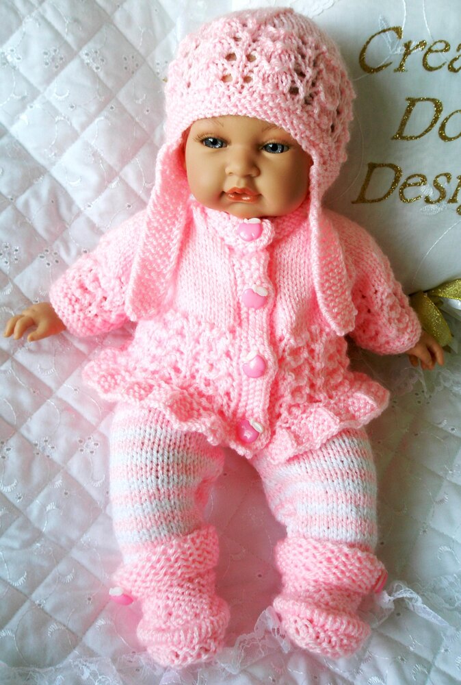 Dolls clothes knitting pattern for a 14 15 inch doll frilled cardigan leggings Hat and Boots Knitting pattern by Creative Dolls Designs LoveCrafts