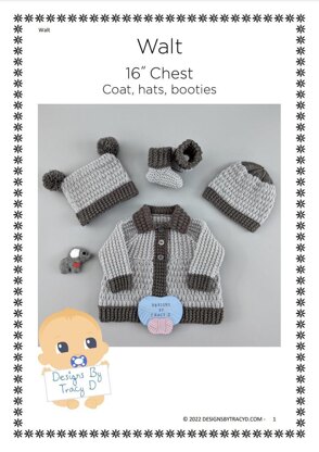 Walt Baby Knitting Pattern Newborn Coat , Hats & Booties 16 inch chest