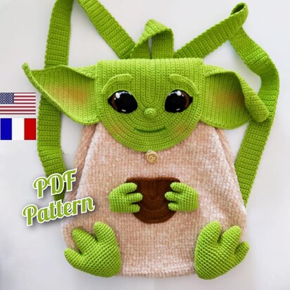 Backpack amigurumi pattern, Yoda backpack crochet pattern, Baby Yoda crochet pattern, The Baby Child backpack (English, Français)