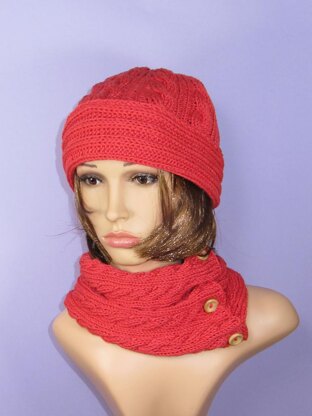 Sideways Cable Cowl and Cable Beanie Hat Set