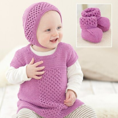 Dress, Bonnet and Bootees in Sirdar Snuggly Baby Bamboo DK - 4669
