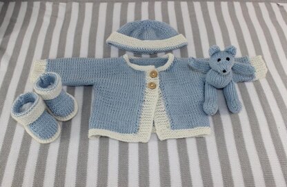 New Baby Matinee Coat,Booties,Beanie and Bear