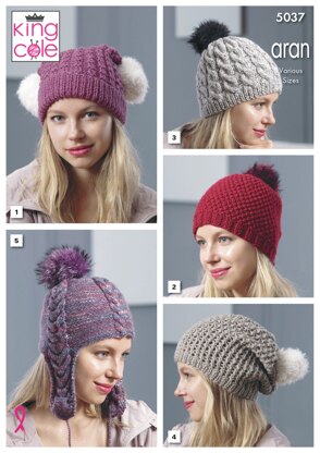 Aran Hats in King Cole Merino Blend Aran - 5037 - Downloadable PDF