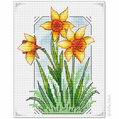 Daffodils And Violets Cross Stitch Kit. Flowers Cross Stitch Pattern.  Modern Embroidery Kit. DIY.