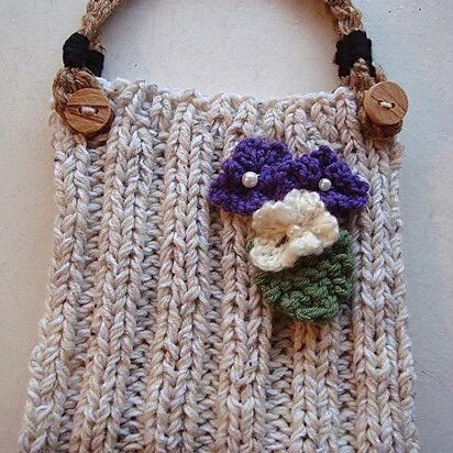 689P - Knitted Purse Handbag, Handles, Flower, and Leaf