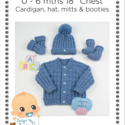 Riley unisex baby knitting pattern cardigan, 2 hats and booties 0-6mths