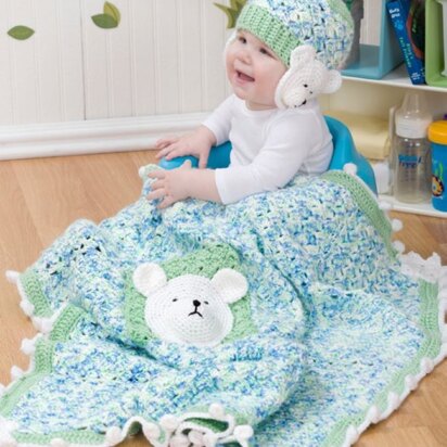 Polar Bear Blanket & Hat in Red Heart Soft Baby Steps Prints - WR2165