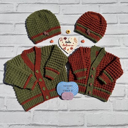 Autumn cardigan and hat baby knitting pattern 16 inch & 18 inch chest sizes