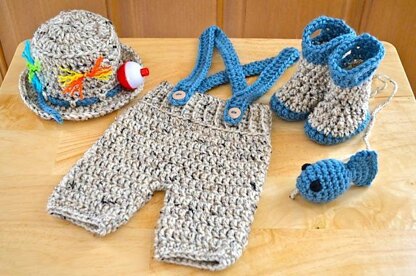 Baby Fishing/Fisherman Hat, Shorts, Boots & Fish Set Newborn & 0-3M Crochet  pattern by Caryn Ekhoff