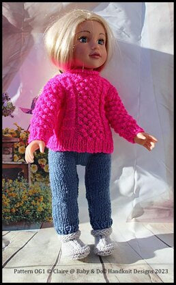 Knitting Pattern OG1 Jeggings, Sweater, Bodywarmer & Boots to fit 18 inch Fashion Doll