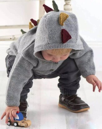 Baby Dino Explorer Hoodie Knitting pattern by Jane Burns LoveCrafts