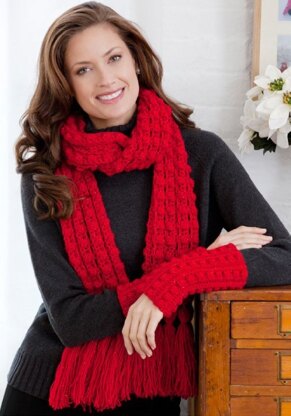 Lacy Bobble Scarf and Wristlets in Red Heart Shimmer Solids - LW2627