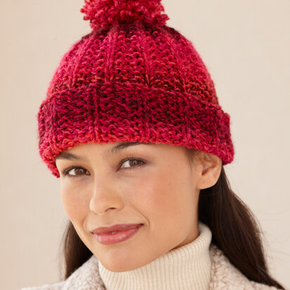 Rosy Ribbed Hat in Lion Brand Tweed Stripes - L10534