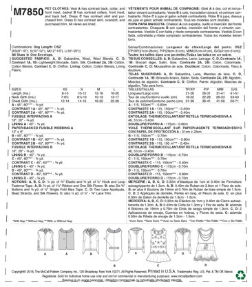 McCall's Pet Clothes M7850 - Paper Pattern, Size One Size