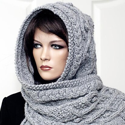 Marit - Hooded scarf with cables and nubs