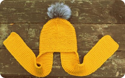 Long Earflap Hat with Faux Fur Pompom