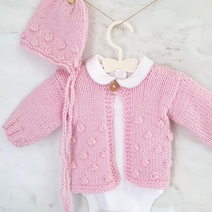 Baby Bobble Cardigan and Bonnet Set in Aran knit