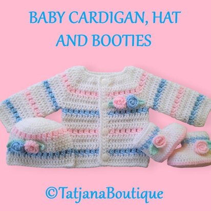 Baby Girl Cardigan, Hat and Booties.