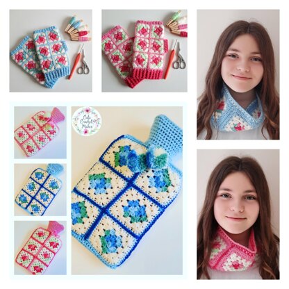 Cath Kidston inspired mitts, cowl and hot water bottle cover