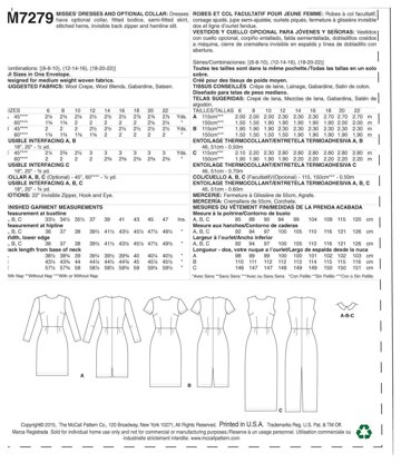 McCall's Misses' Dresses and Optional Collar M7279 - Paper Pattern Size All Sizes In One Envelope