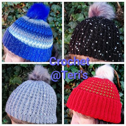 Checked and Ribbed Mosaic Bobble Hats (Baby to Adult)