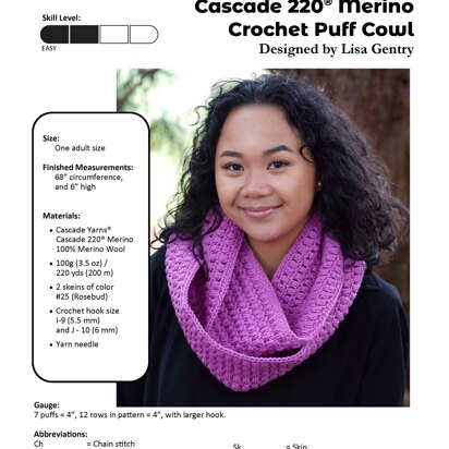 Crochet Puff Cowl in Cascade Yarns Cascade 220® Merino - W794 - Downloadable PDF