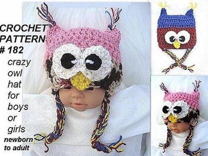 182 L series CRAZY OWL HAT, newborn to adult