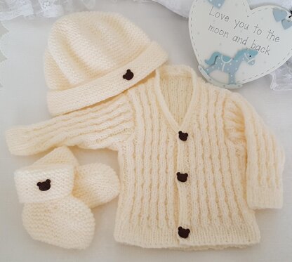 Lucas Baby Cardigan, Hat & Booties