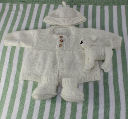 New Baby Matinee Coat, Booties Beanie and Toy Lamb