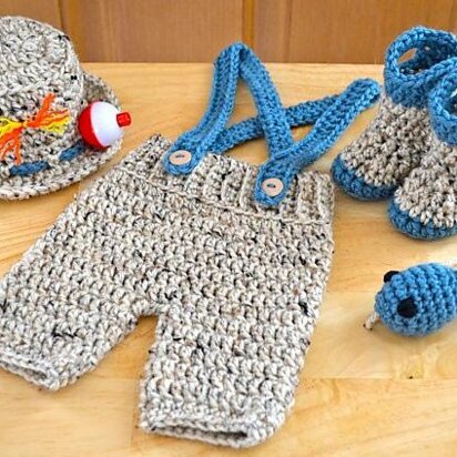 Baby Fishing/Fisherman Hat, Shorts, Boots & Fish Set Newborn & 0-3M