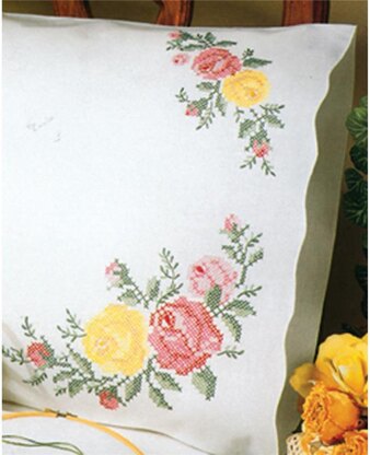 Tobin Stamped Pillowcase Pair 20in x 30in Rose Embroidery Kit