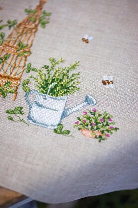 Vervaco Linen Tablecloth Garden Equipment Cross Stitch Kit - 80cm X 80cm/32in X 32in