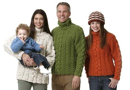 Family of Cabled Sweaters in Lion Brand Wool-Ease Thick & Quick - 50328