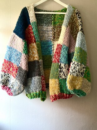 Stash buster patchwork cardigan Knitting pattern by Suzy Rai | LoveCrafts