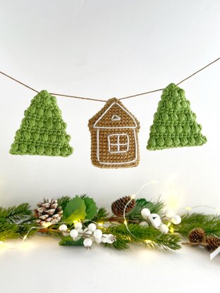 Christmas crochet garland no sew pattern Gingerbread house and  mini Christmas tree decorations Amigurumi pattern ornament