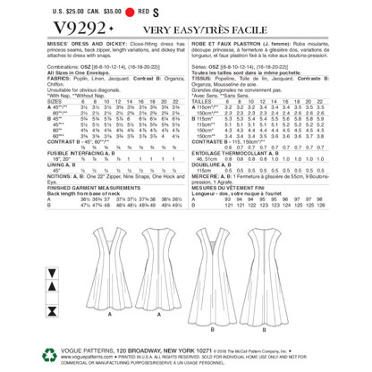 Vogue Misses' Dress and Dickie V9292 - Paper Pattern, Size ONE SIZE