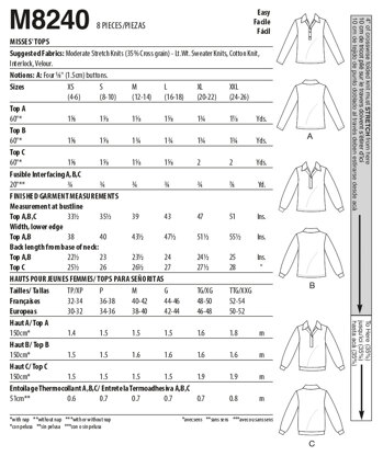 McCall's Misses' Tops M8240 - Paper Pattern, Size XS-S-M-L-XL-XXL