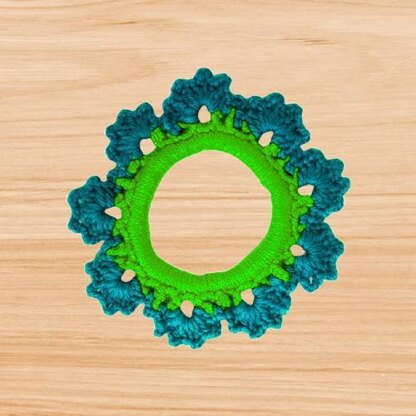 A crochet scrunchie