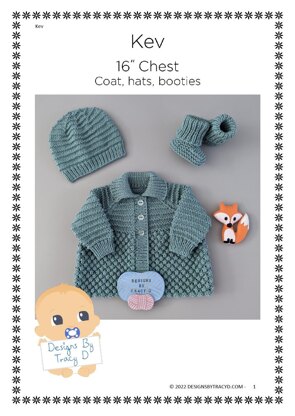 Kev Baby Knitting Pattern. Newborn Coat, Hat & Booties