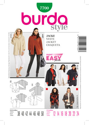 Burda Jacket Sewing Pattern B7700 - Paper Pattern, Size 12-24