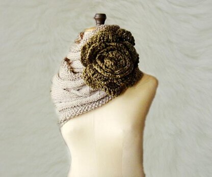 Mocca Retro Romantic Cabled Cowl and Flower