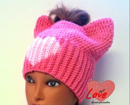 Messy Bun Cat Hat with Heart