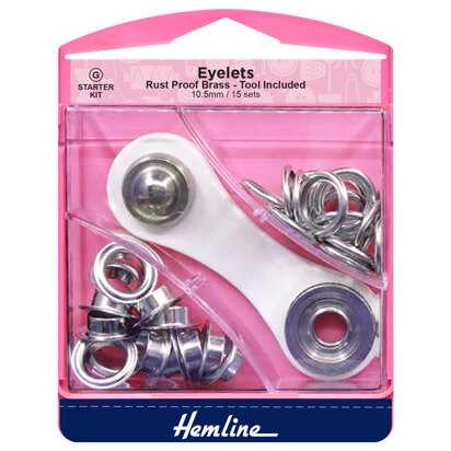 Hemline Eyelets Starter Kit, 10.5mm x 15 sets - Nickel/Silver