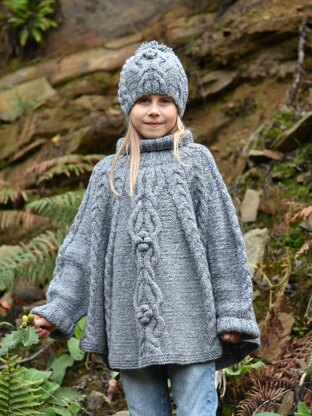 Girls Cable Poncho & Hat Knitting Pattern PDF Childrens 