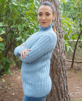 Ruffled neck cabled sweater