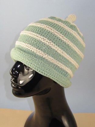 Stripe Roll Brim Topknot Beanie Hat