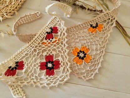 Boho Bandana with Floral Motif, Freeform Mesh and Filet Crochet Design (H8)
