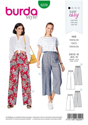 Burda Style Misses' Trousers/Pants with Elastic Waist with Pockets in Seams – Wide Leg B6229 - Paper Pattern, Size 6-16