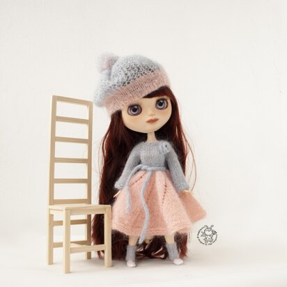 Pink and gray outfit for doll knitted flat